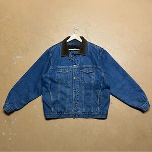 Men's Blue Denim Jacket with Brown Corduroy Collar XL